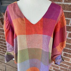 FOIL/Vibrant Multi-Color Plaid V-Neck Blouse 100% Linen Sz.14 (54x27 Oversized